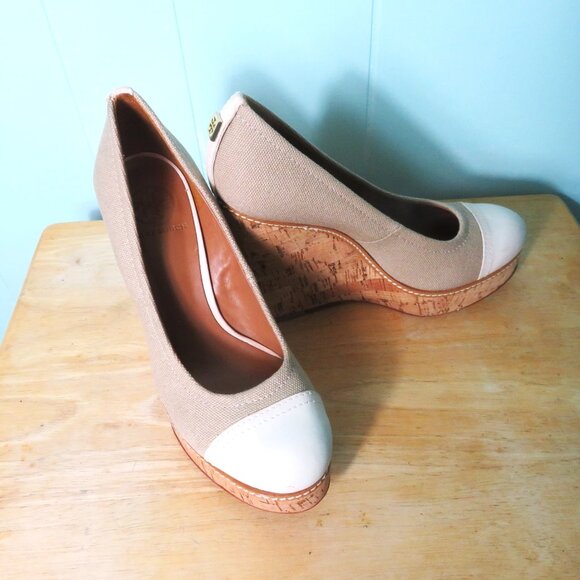 Tory Burch Shoes Wedge Heel Pumps Tan & Beige Leather & Cork Size 7 1/2 M - Picture 4 of 13